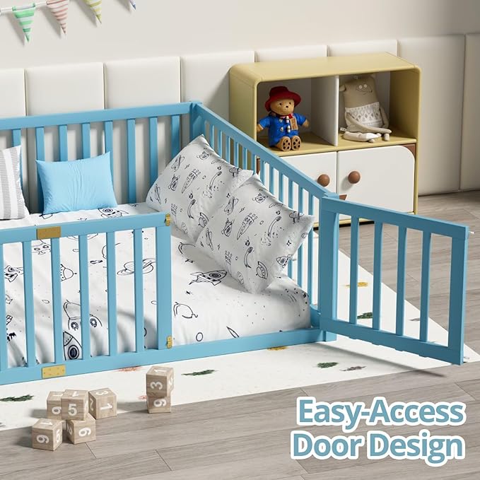 LLS Queen Size Floor Bed with 21.6" High Fence for Kids Boys Girls, Solid Wood Multifunctional Montessori Bed Frame with Door, Without Slats, Sky