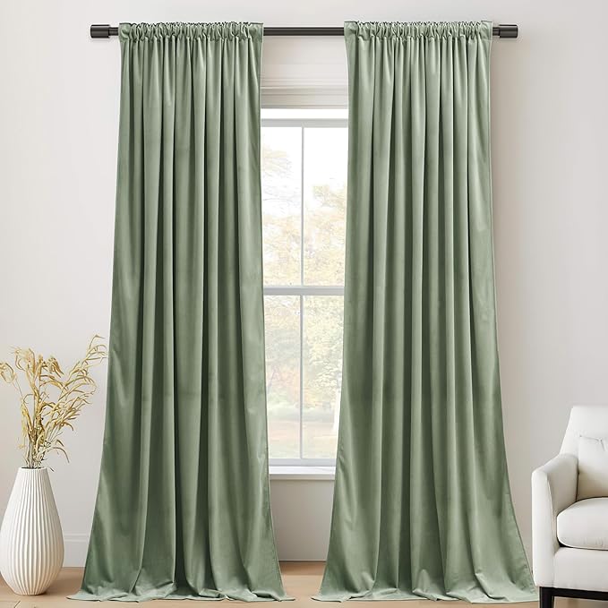 StangH Retro Green Velvet Curtains 96 Inches Length, Room Darkening Velvet Drapes for Bedroom Living Room, Thermal Insulated Window Treatment, 52 x 96 Inch, 2 Panels