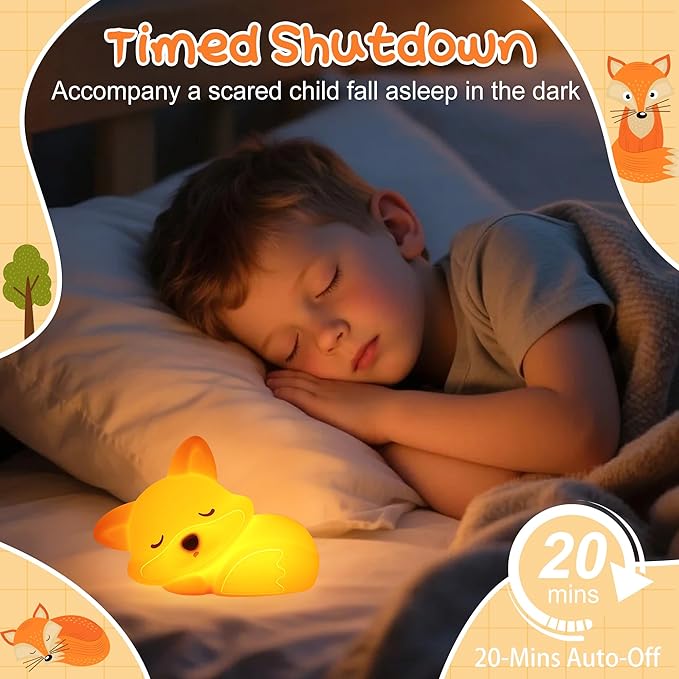 Fox Night Light, Cute Silicone Lamp with Dimmable 20 Mins Timer, Squishy Animal Nightlight Kids Bedside Decoration Light, Christmas White Elephant Gifts Idea for Baby Girl Boy Friend