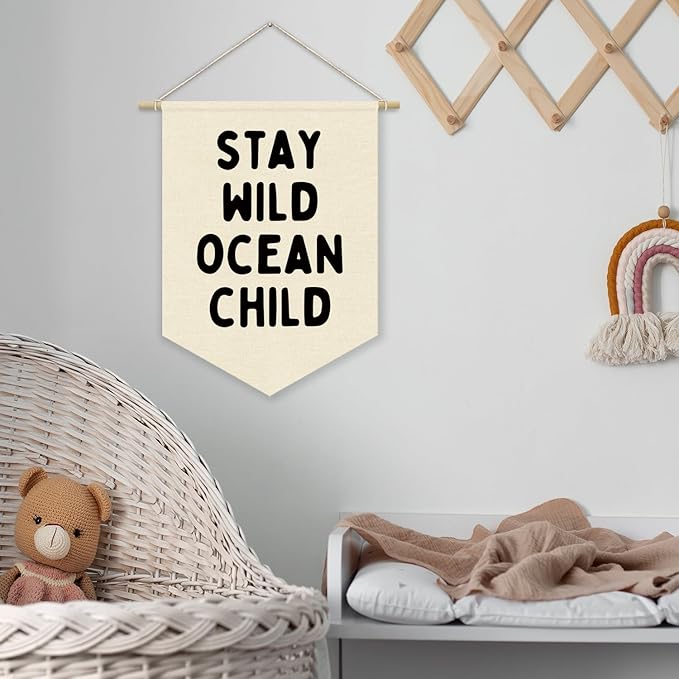 Ocean Nursery Decor, Stay Wild Ocean Child Linen Canvas Banner, Coastal Nautical Nursery Wall Hanging Pennant Flag Banner for Kids Toddler Room Bedroom Playroom Decor, 15x11in