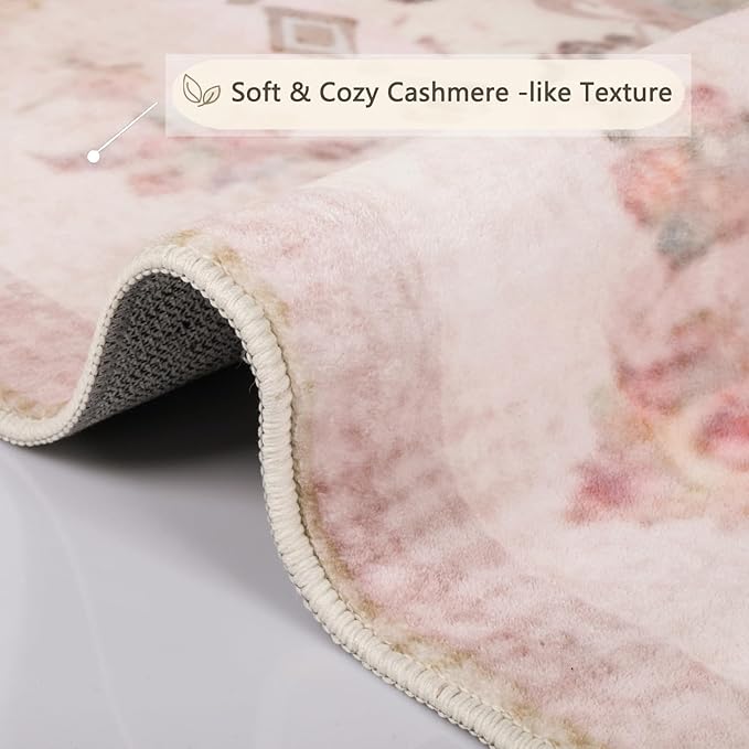Area Rug - Vintage 8x10 Non-Slip Backing Area Rugs Light Pink Soft Faux Wool Carpet Foldable & Machine Washable Rugs for Living Room Bedroom Dining Room Nursery Home Office