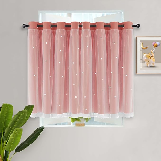 Kinryb Princess Small Curtains for Girls Bedroom with Sheer Overlay,Double Layer Curtain for Living Room with Star Cutout, Curtains for Kids Room (52 W*36 L Inches, 2 Pcs Coral)