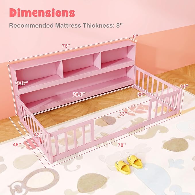 KOMFOTT Twin Floor Bed with Bookcase & Shelves, Wood Bed Frame with Bedside Bookshelves & Guardrails, Versatile 2-in-1 Montessori Floor Bed for Kids (Twin,Pink)