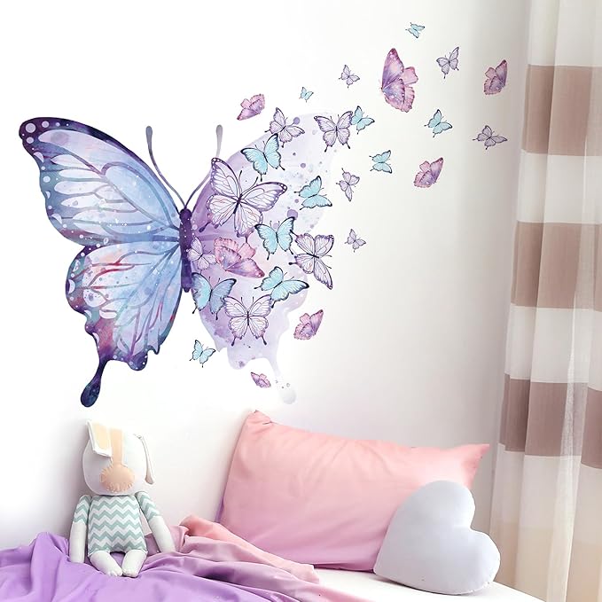 Purple Blue Butterfly Wall Decals Removable Butterfly Flower Wall Stickers Peel and Stick Butterflies Wall Decor Stickers for Kids Girls Bedroom Nursery Bathroom Decorations BR44533