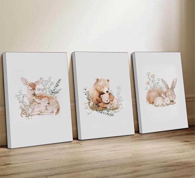 3 Pcs Animal Nursery Canvas Wall Art Watercolor Baby Animals with Wildflowers Painting Picture Wall Decor Cute Rabbit Bear Deer Nursery Paintings Artwork for Kids Room Baby Room Home Decoration