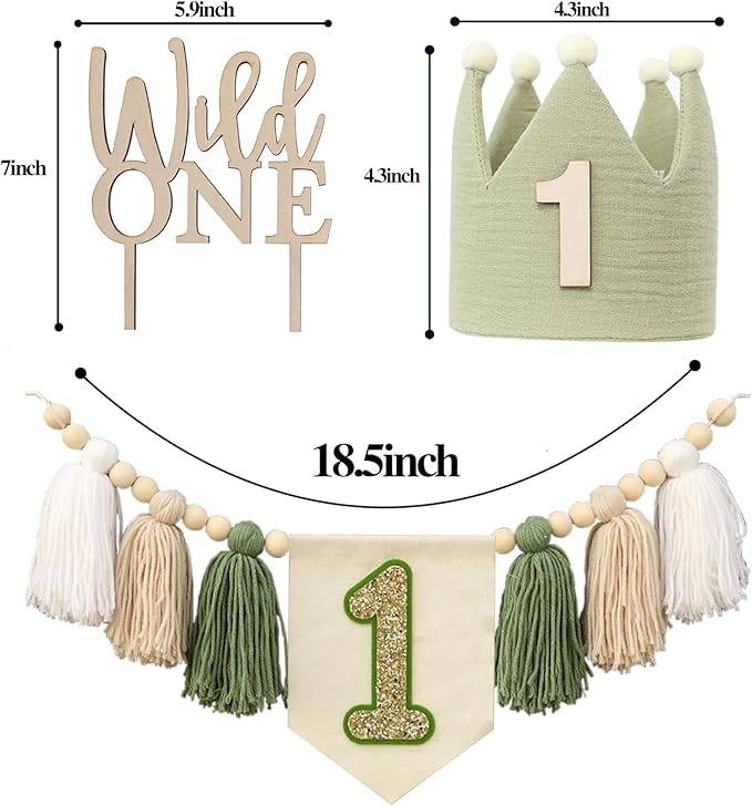 Wild One High Chair Banner For 1st Birthday Party Boy Decorations With Green Tassel Garland Crown Hat Wild One Cake Topper