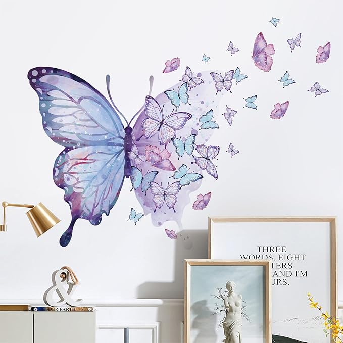 Purple Blue Butterfly Wall Decals Removable Butterfly Flower Wall Stickers Peel and Stick Butterflies Wall Decor Stickers for Kids Girls Bedroom Nursery Bathroom Decorations BR44533