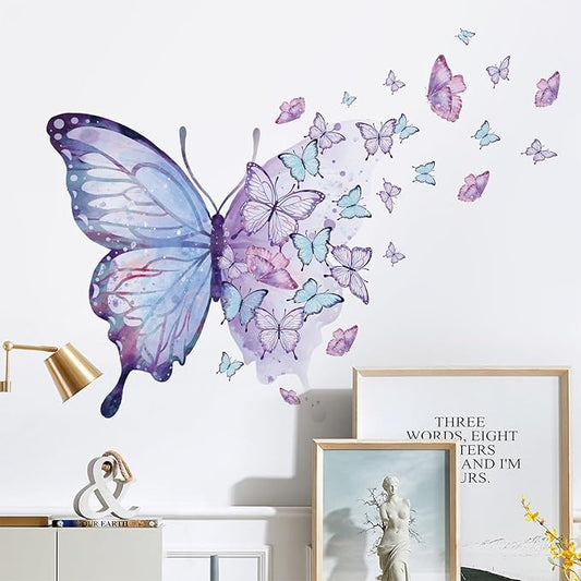 Purple Blue Butterfly Wall Decals Removable Butterfly Flower Wall Stickers Peel and Stick Butterflies Wall Decor Stickers for Kids Girls Bedroom Nursery Bathroom Decorations BR44533