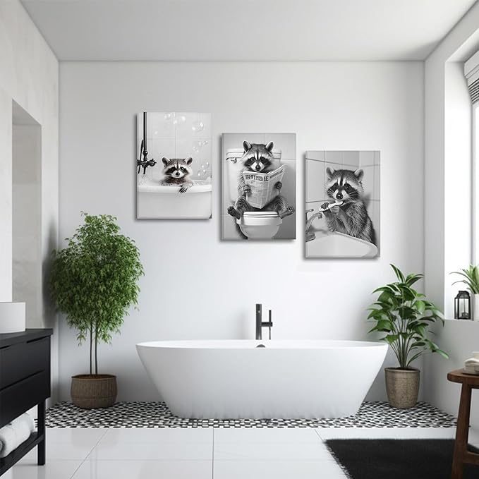 Funny Raccoon Bathroom Canvas Wall Art set of 3 Black and White Cute Raccoon Sitting on Toilet Poster Print Artwork Humor Adorable Animals Pictures Wall Decor for Washroom Restroom laundry 12x16in