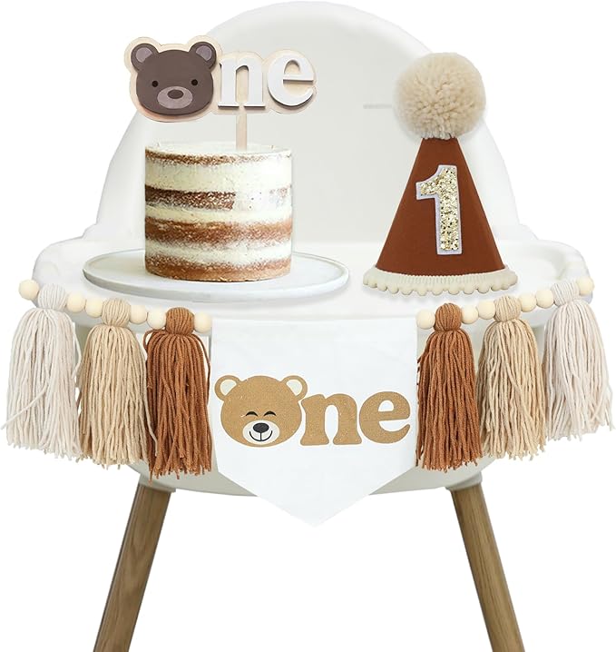 Bear Theme First One High Chair Banner For 1st Birthday Party Decorations With One Cake Topper