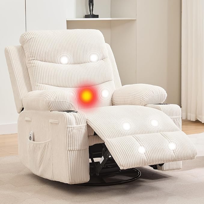 Recliner Chair Nursery, Oversized Manual Reclining Rocking Chair, 360 Swivel Glider with Cup Holder, Massage and Heat Recliner, Indoor Small Single Sofa Chairs for Adults, RV, Bedroom, Corduroy Beige