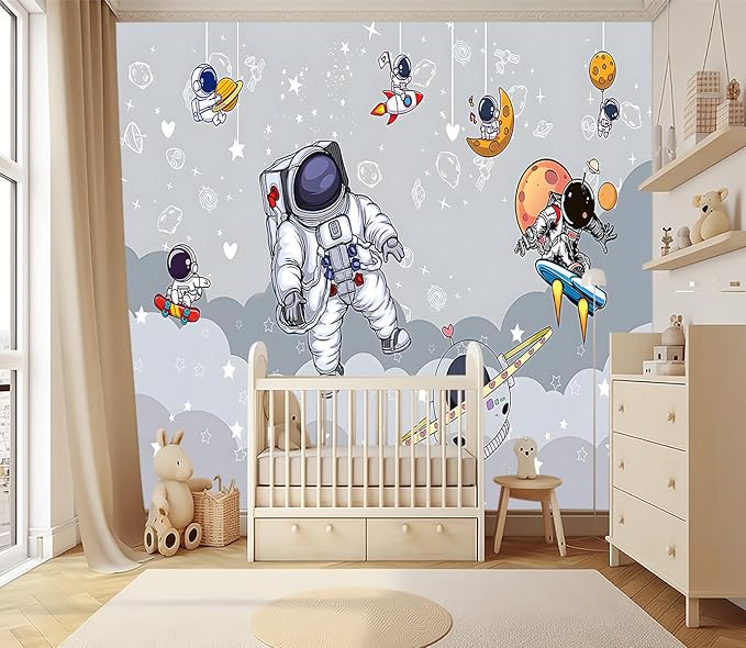 XMPMBM-3d Cartoon Astronauts Starship Nursery Room Fabric Wallpaper Hand-Painted Graffiti Planet Kids Gaming Room Wall Mural-W 154" X H 105"（112 Square Foot）