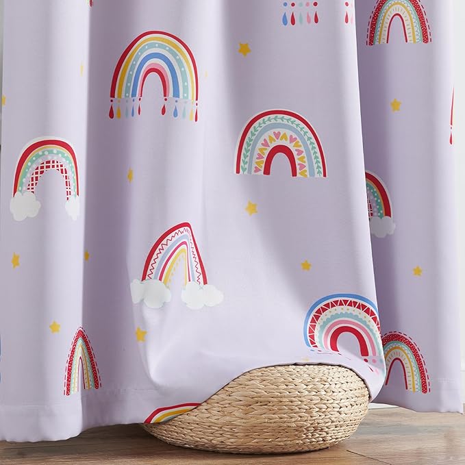 Vangao Boho Girls Blackout Curtains Purple for Kids Room 63 Inch Length, Rainbow Window Drapes for Living Room Nursery Thermal Grommet Insulated Room Darkening Curtains Bedroom, 2 Panels