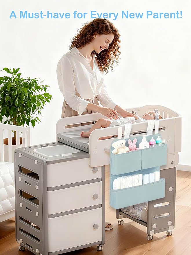Hanging Diaper Organizer for Bassinet/Crib/Playpen/Playard – Hold 80+ Diapers - Changing Table Diaper Holder Attachment Accessories- Diaper Stacker Nursery Caddy Organizer - Grey
