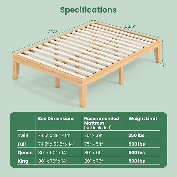 KOMFOTT 14 Inches Wood Platform Bed Frame Full Size, Wooden Mattress Foundation with Rubber Wood Frame, Strong Slats Support, No Box Spring Needed, Bed Frame (Natural)