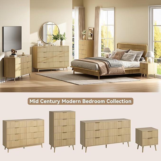CARPETNAL Fluted 7 Drawer Dresser for Bedroom, 55" Wide Wooden Chest of Drawers with Rounded Corners, Gold Handles, Modern Storage Organizer for Bedroom, Hallway(Oak)