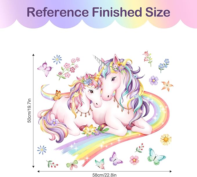 Tanlaby Rainbow Unicorn Wall Decals Flowers Butterflies Unicorn Wall Stickers Peel and Stick Wall Art Decor for Baby Nursery Girls Bedroom Daycare Playroom