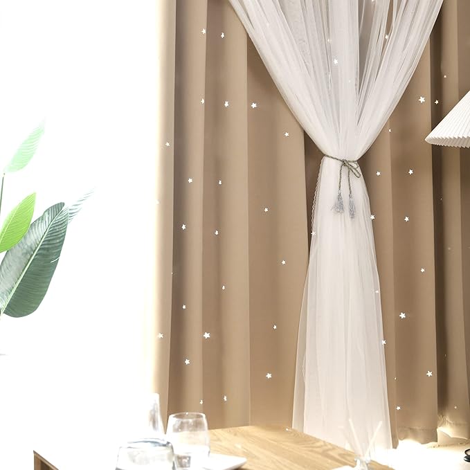 Kinryb Kids Blackout Curtains for Bedroom/Living Room/Classroom, Sheer Overlay 2 Panel Set, Double Layer Curtains with Star Cutout for Kids Room(Each Piece W 70 x L 72 Inches 2 Pcs Beige)