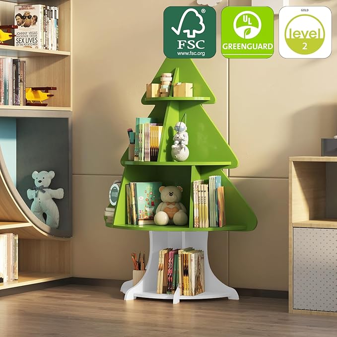 Christmas Tree Shelf Kids Bookshelf Toddler Bookcase 4-Tier Baby Book Rack Children Toy Storage Organizer Wood Display Shelf Nursery Playroom Bedroom Classroom School Homeschooling Boy Girl Gift