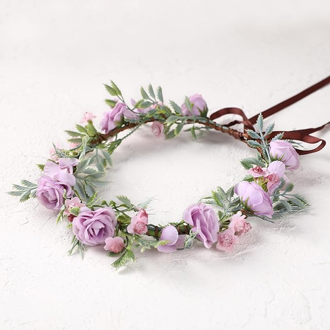 Purple Flower Crown - Traditional Round Rose Headband Elegant Headpiece Purple Flowers And Green Leaves Accessories Renaissance Festival Birthday Party Headband Wedding Shoot
