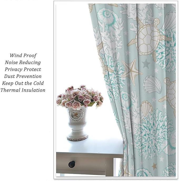 Nautical Curtains,Seagorses Coral Starfish Reef Seashell Beach Sea Seashell Pattern Blackout Print Home Bedroom Living Room Window Treatmen 2 Panel Set 55x63 Inch
