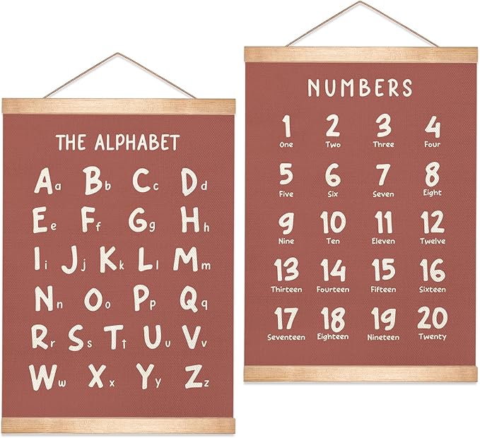 Kids Alphabet and Numbers Educational Chart Set of 2 for Classroom Decor,Colorful Educational Poster for Toddlers 1-3,Toddler Learning Poster for Kids Ages 3-5 for Nursery Playroom,Classroom Must Haves 14x18.5Inch(Brown)