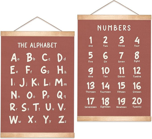 Kids Alphabet and Numbers Educational Chart Set of 2 for Classroom Decor,Colorful Educational Poster for Toddlers 1-3,Toddler Learning Poster for Kids Ages 3-5 for Nursery Playroom,Classroom Must Haves 14x18.5Inch(Brown)
