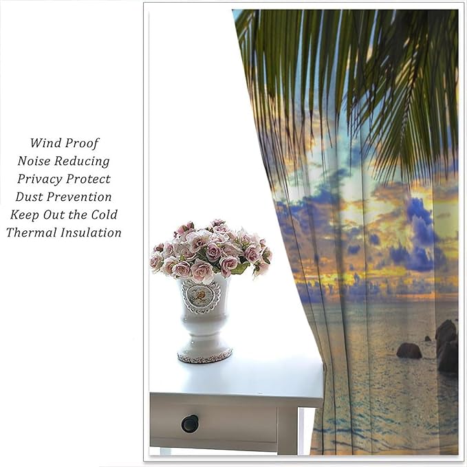 Ocean Beach Curtains,Sunset on Beach in The Evening Hawaiian Seaside Scene Pattern Blackout Print Home Bedroom Living Room Window Treatments 2 Panel Set 63x72 Inch