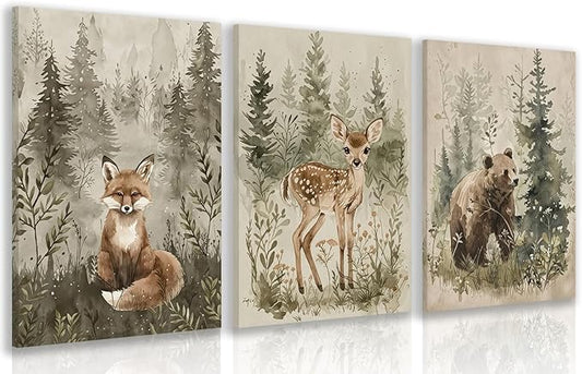 kilamino Framed Woodland Animal Nursery Wall Art, Cute Fox Bear Deer Wall Decor, Neutral Wildlife Animal Art Prints, Funny Nature Forest Animal Canvas Paintings for Baby Room Playroom 12"x16"x3