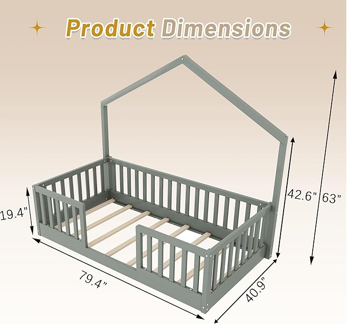 Twin Size House Bed for Kids, Low Profile Montessori Bed Twin with High Railings, Wood House Shape Montessori Beds with Light & Roof for Kids, Gray