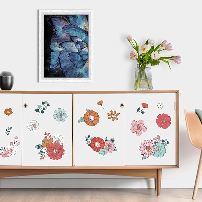 Yovkky Boho Vintage Groovy Flower Wall Decals Stickers, Bohemian Retro Floral Daisy Hippie Home Bedroom Decor, Hippy Wildflower Butterfly Living Room Kitchen Decorations Art