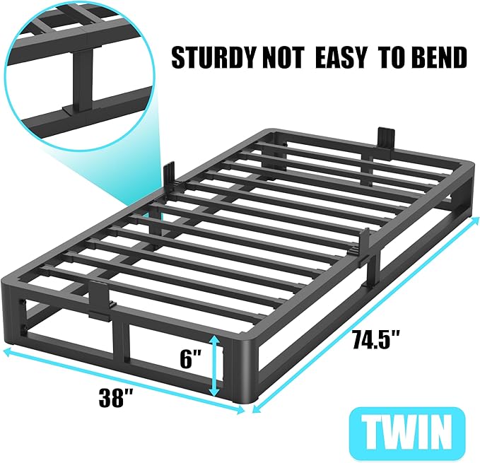 6 Inch Twin Bed Frame with Round Corner Edges, Low Profile Twin Metal Platform Bed Frame with Steel Slat Support, No Box Spring Needed/Easy Assembly/Noise Free Mattress Foundation