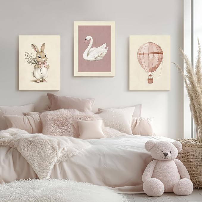 Hianan Pink Baby Girl Nursery Wall Decor Cute Bunny Wall Art Cozy Rabbit Canvas Artwork Elegant Swan Poster Prints Vintage Hot Air Balloon Painting Prints for Kid's Room Baby Room Framed 16"x24"x3