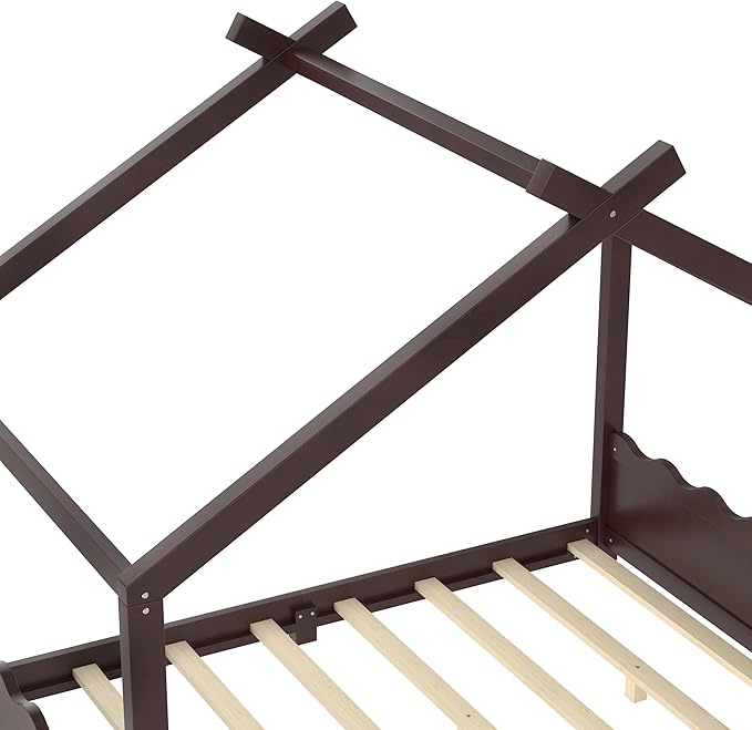 Full Size Wooden House Floor Bed - Kids Bed Frame with Roof & Support Slats for Bedroom, No Box Spring Needed, Easy Assembly (Espresso)