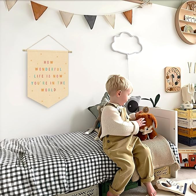 Nursery Decor, How Wonderful Life Is Now You're in the World Wall Hanging Sign Flag, Positive Affirmations, Kids Affirmations Nursery Wall Art Canvas Hanging Pennant Flag Banner 15x11in
