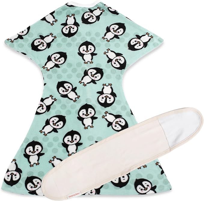 SleepingBaby Fleece Zipadee-Zip Transition Swaddle and Snuggle Strap Bundle - Roomy Baby Swaddle Blanket with Zipper Convenience and Wearable Blanket Accessory, Perfect Penguin, Medium (6-12 Month)
