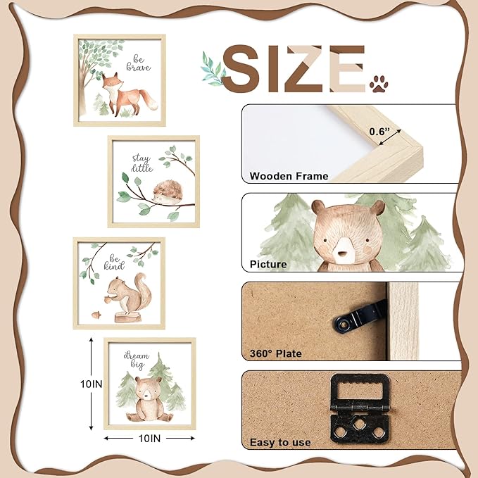 ArtbyHannah Framed Woodland Nursery Wall Decor, 10x10 Inch Cute Baby Safari Wall Art, Green Kids Art Frame with Forest Animals Prints for Playroom Classroom Bathroom Baby Shower Decoration(4 Pack)