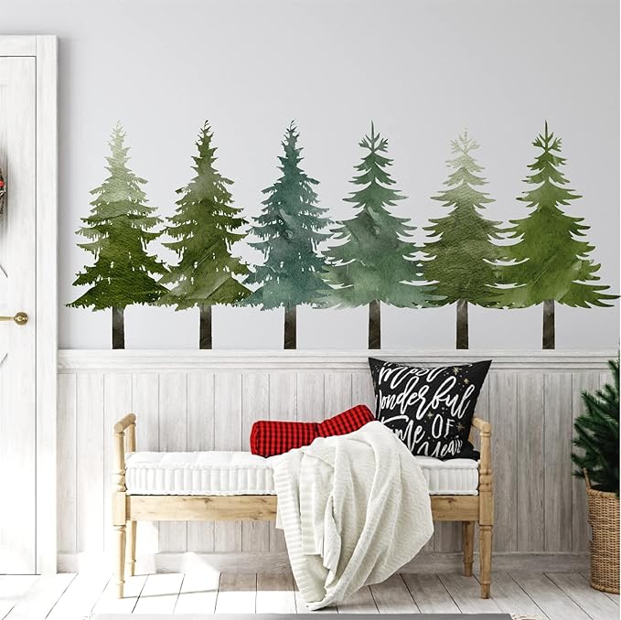 Watercolor Pine Tree Wall Stickers Large Tree Wall Decals Peel and Stick Green Trees Decals Christmas Trees Sticker Woodland Forest Trees Sticker for Nursery Bedroom Kids Room Decor