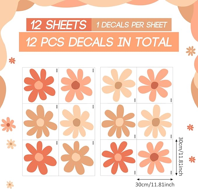 TaoBary 12 Sheets Daisy Wall Decal Flower Wall Sticker Cute Daisy Sticker Pink White Flower Decal Peel and Stick Floral Wallpaper for Nursery Bedroom Home Decor(Orange,Colorful Classic Style)