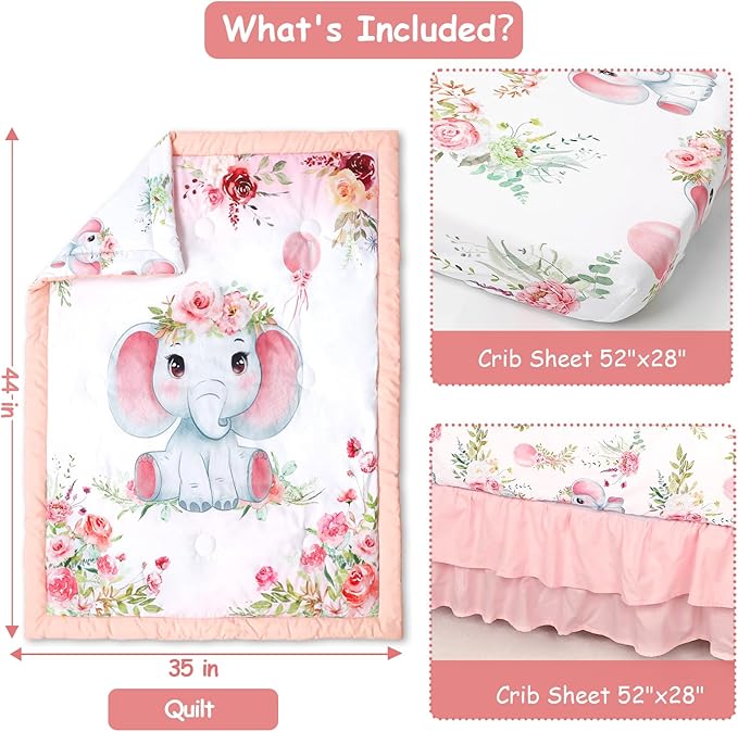 Baby Crib Bedding Set for Girls Boys, Soft Bedding Set with Comfort, Crib Skrit, Crib Sheet, Infant & Toddler Nursery Bed Set, Elephants