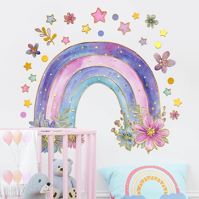 Colorful Rainbow Wall Stickers for Girls Room Watercolor Boho Rainbow Wall Decals & Murals Peel and Stick Floral Decor for Kids Room Nursery Bedroom (Purple)