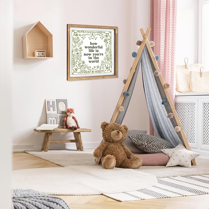 pechpell 11.8 Inch Nursery Wall Decor, Green Wooden How Wonderful Life Is Now You're In The World Sign, Boho Vintage Baby Girl Woodland Nursery Art Kids Room Playroom Table Shelf Decorations for Home