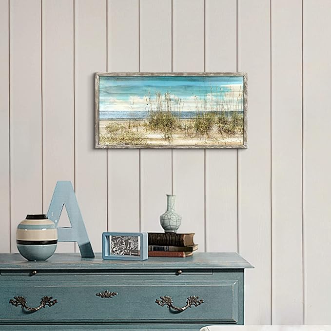 Seascape Framed Wooden Wall Art: Beach Art Prints Ocean Painting Style Artwork Seaside Wall Decor Sand Dunes Picture Coastal Theme Prints for Bedroom 24"x12"