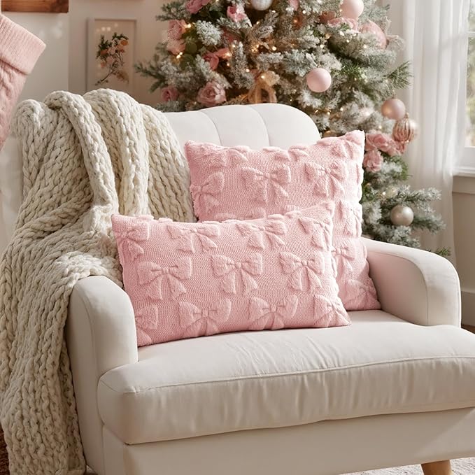 MIULEE Light Pink Bow Pillow Covers Coquette Room Decor Aesthetic Set of 2 Decorative Cute Girl Christmas Throw Pillow Soft Plush Faux Pillowcase for Girl Bed Couch Sofa,12x20 Inch