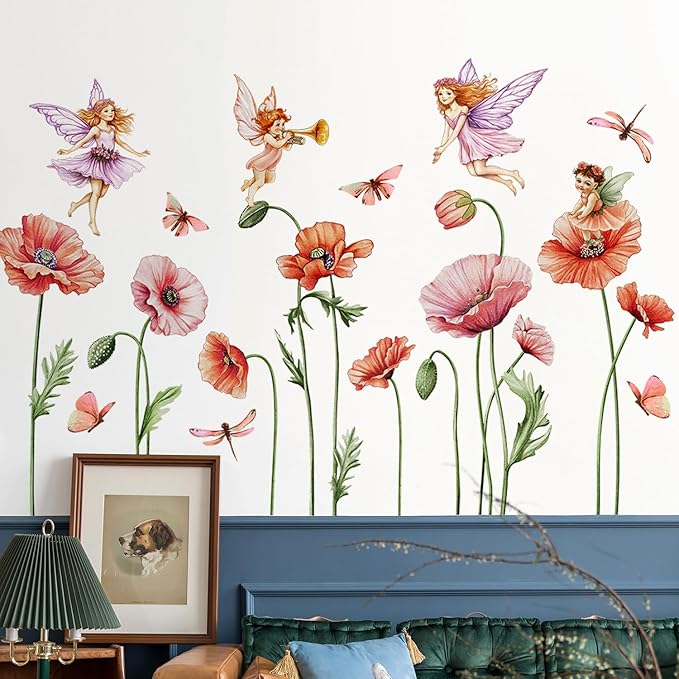 Removable Large Pink Red Poppy Flowers Wall Stickers with Fairy Angels - DIY Floral Butterfly Wall Decals, Peel and Stick Princess Decor for Girls Bedroom, Nursery, Living Room Home BM4130