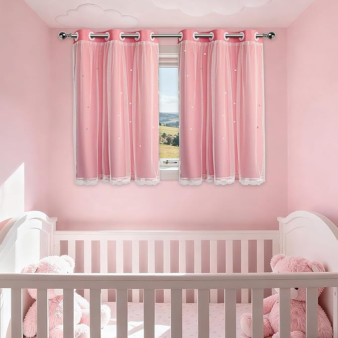 Pink Curtains for Girls Bedroom Cute - Aesthetic Star Cutout Blackout Double Layer with Sheer Overlay, 45 Inch Length 2 Panels Kids Room Curtain Baby Nursery Decor Short Drapes