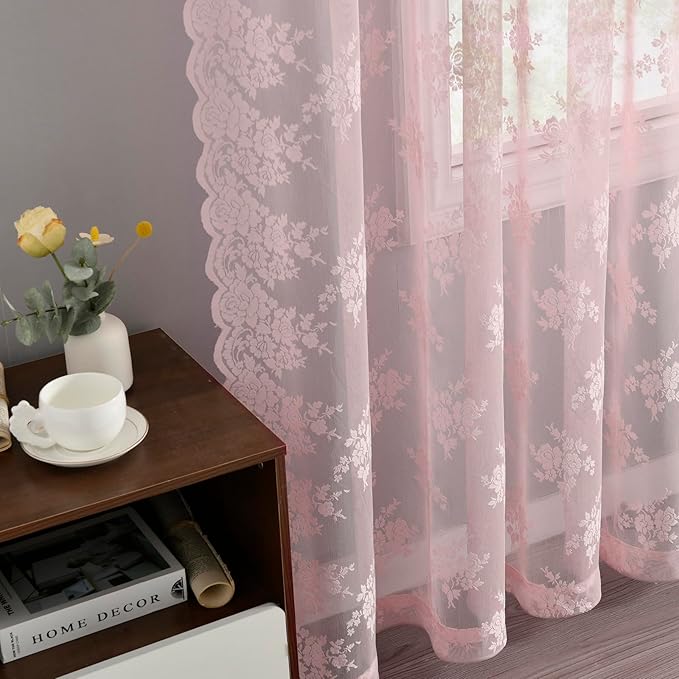 Kotile Pink Lace Curtains 84 Inches Long, 2 Panels, W42 x L84 Inch Each, Country Rustic Floral Pink Colored Sheer Curtains for Living Room, Rod Pocket Privacy Light Filtering Vintage Lacy Curtain
