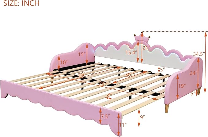 Twin Size Princess Extending Daybed with LED Lights for Kids Girls, Modern Upholstered Princess Daybed Frame with Crown Headboard, Pink Sleeper Sofa Bed for Bedroom, Guest, Study Room (Pink)