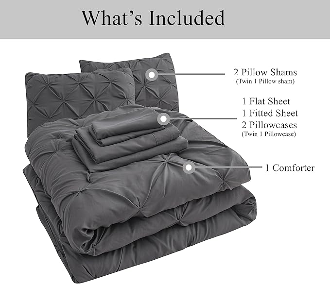 LANE LINEN King Size Comforter Set with Sheets, Pillowcases & Shams, 7 Piece Bed in a Bag Set King Size, Pintuck King Bed Comforter Set, Soft King Bedding Set, Pinch Pleated King Size Bed Set - Grey