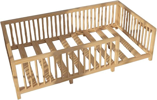 Montessori Floor Bed with Slats for Toddler 39.4'' x 75.2'' Twin | Pine Wood Natural Solid Frame Bed | Sturdy Design Floor Bed Frame for Boy and Girls (Twin, Height : 23.6 Inches)